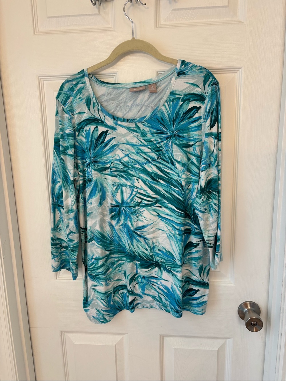 Chico's Teal & Aqua Floral Scoop-Neck Long Sleeve Top